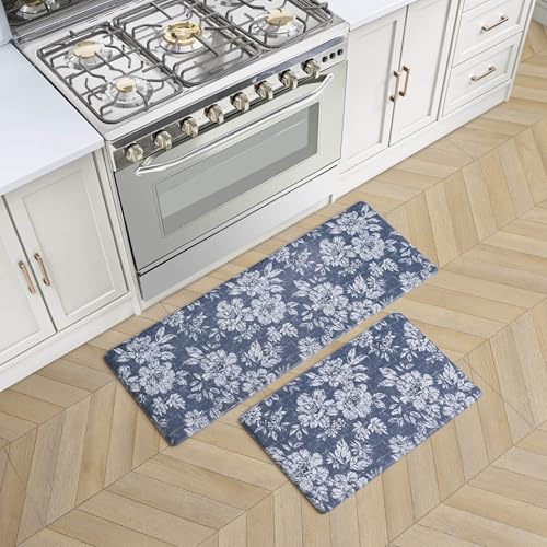 Laura Ashley - Anti-Fatigue Kitchen Mat, Iris Floral Design, Stain, Water & Fade Resistant, Cooking & Standing Relief, Non-Slip Backing, 2 Piece Set, Navy Iris - color: Navy, size: 48"L x 17.5"W / 28"L x 17.5"W