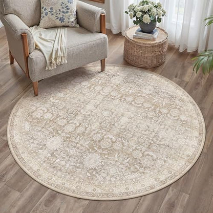 Beige 5R Area Rug Neutral Distressed Carpet - color: Accent | Beige, size: 5' (Round)