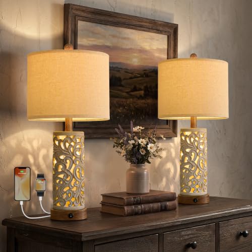 OYEARS 22'' Table Lamp Set of 2 for Living Room,Farmhouse Lamp for for Bedroom,Vintage Retro Bedside Lamps with USB Ports Linen Shade for Home Office (Brown, Bulb Included) - color: Distressed White and Brown