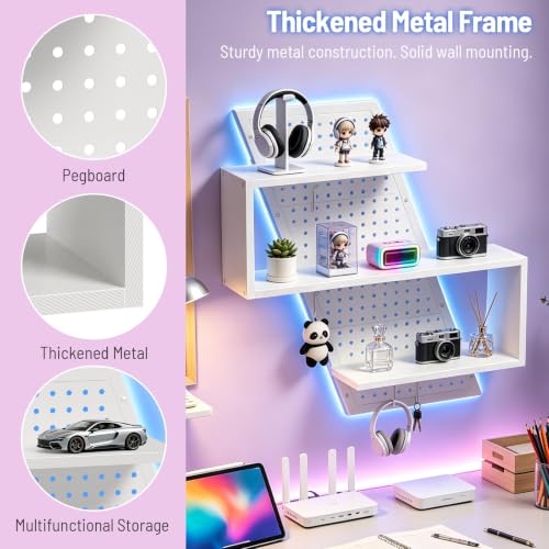 S-Shaped Gaming Floating Shelf with LED Light Strip, 3 Tier Wall Floating Shelf with Pegboard & 4 Removable Hooks, for Bedroom, Game Room, Living Room, Study, White - color: White