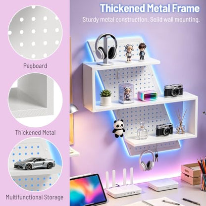 S-Shaped Gaming Floating Shelf with LED Light Strip, 3 Tier Wall Floating Shelf with Pegboard & 4 Removable Hooks, for Bedroom, Game Room, Living Room, Study, White - color: White