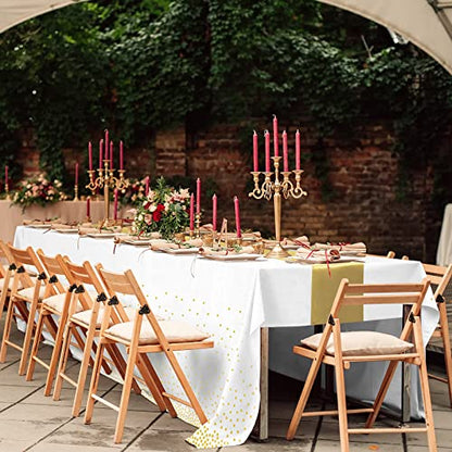 12Pack Disposable Plastic Tablecloths and Satin Table Runner Set White and Gold Dot Tablecloth Gold Satin Table Runner for Wedding Birthday Baby Shower Anniversary Christmas New Year Party Supplies - color: White and Gold, size: 12 Pack