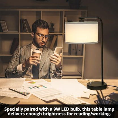 Seaside village Table Lamp for Bedroom with USB C+A Ports, Fully Stepless Dimmable Farmhouse Bedside Lamp Nightstand Light, Tall Reading Desk Lamp for Living Room, Office, 9W LED Bulb Included - color: Black Base with White Shade