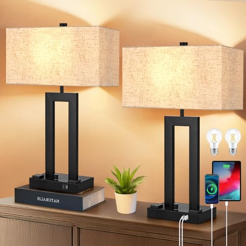 22" Table Lamps for Bedroom, Modern Bedside Lamps with Charging Ports - color: Beige