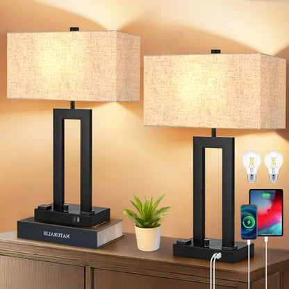 22" Table Lamps for Bedroom, Modern Bedside Lamps with Charging Ports - color: Beige