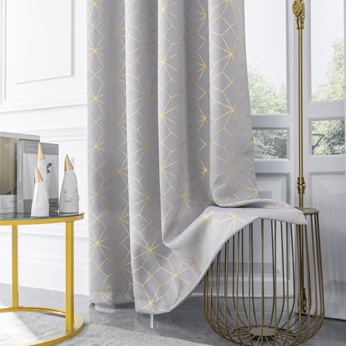 Beauoop Grey Gold 100% Blackout Curtains for Bedroom 50x108 2 Panels - color: Grey/Gold, size: 50"W x 108"L (Pack of 2)