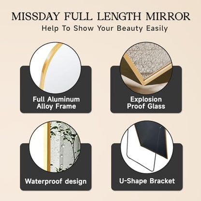 MISSDAY Oversized Full Length Mirror, Arched Floor Mirror 83" x 44", Gold