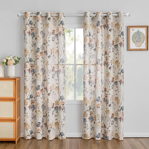 MYSKY HOME Floral Linen Curtains 84 inch Length 2 Panels Set Summer Flower Patterned Semi Sheer Light Filtering Privacy Farmhouse Grommet Drapes for Living/Dining Room, Yellow, W52 x L84, Pack-2 - color: A-yellow, size: 52"W x 84"L (Pack of 2)