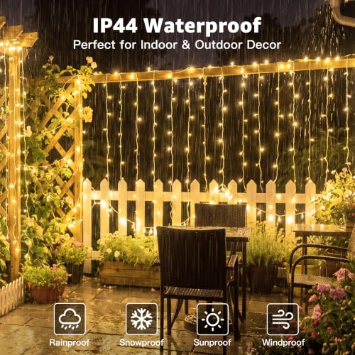 Ollny Curtain Lights 600 LED 19.7x9.8ft, Outdoor Waterproof String Lights - color: Warm White, size: 600 LED