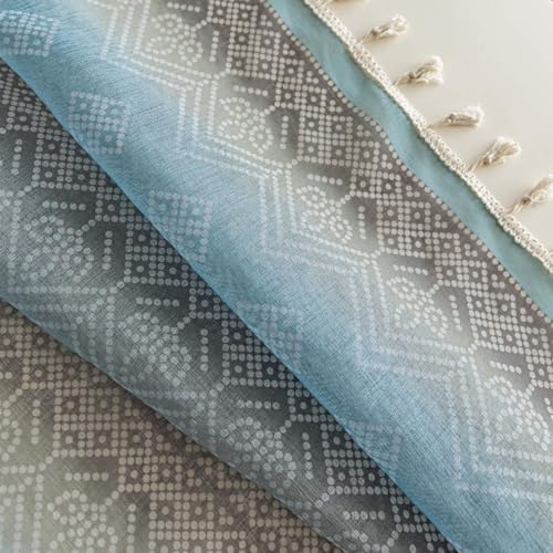 Turquoise Geometric Sheer Curtains 54 inch Long, Fringed Edges and Textured Semi Sheer Curtains Large Window Treatments for Living Room/Bedroom, 2 Panels - color: Turquoise Geometry, size: 52"W x 54"L (Pack of 2)