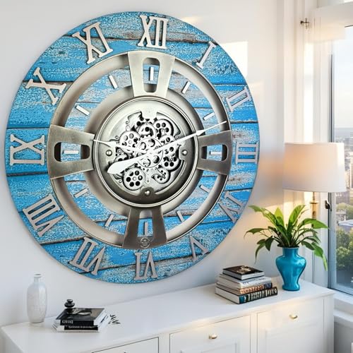 ImprovingLife The Gears Clock Real Moving Gear Wall Clock England Line (Ocean Blue, 36 inches (90 cm)) - color: Ocean Blue, size: 36 inches (90 cm)