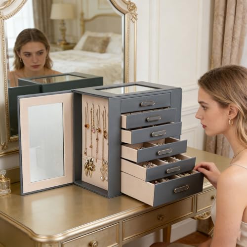 BOOVO Clear Lid Jewelry Box 6 Layer Jewelry Organizer(Grey, 6 Layer) - color: Grey, size: 6 Layer