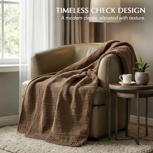 EVERGRACEHOME Modern Checkered Chenille Throw Blanket, 50x60, Camel Brown - color: Camel Brown, size: 50" X 60"
