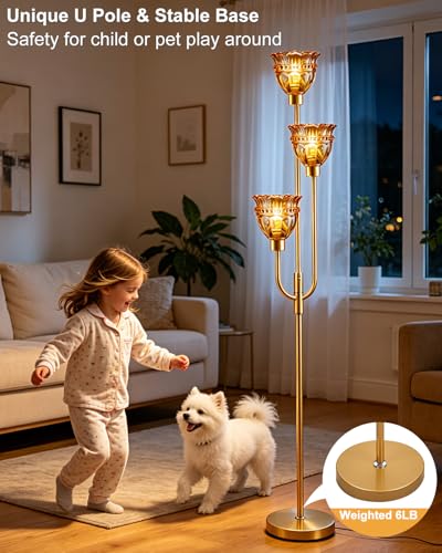 Amber Glass Floor Lamp 66IN 3-Light Modern Gold Dimmable Tree Floor Lamps - color: Amber Lace-Gold