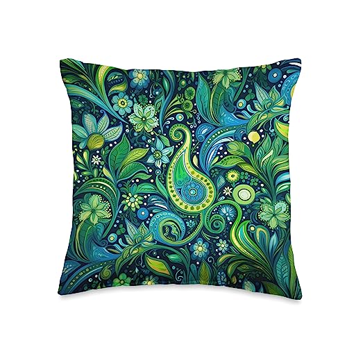 Green Blue Paisley Floral Leaf Pattern Throw Pillow - size: 16x16