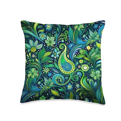 Green Blue Paisley Floral Leaf Pattern Throw Pillow - size: 16x16