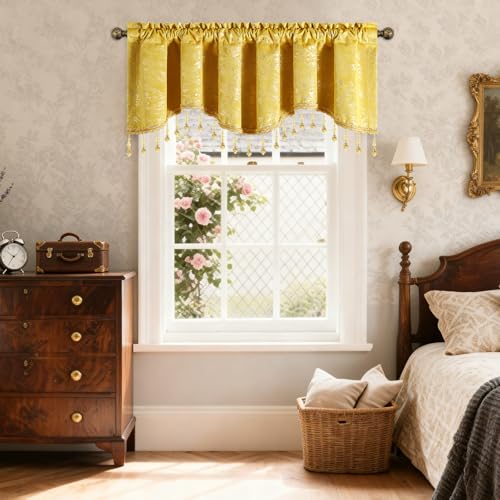 Leeva Yellow Floral Scalloped Rod Pocket Window Valance, 52 x 18, 1 Panel - color: Yellow