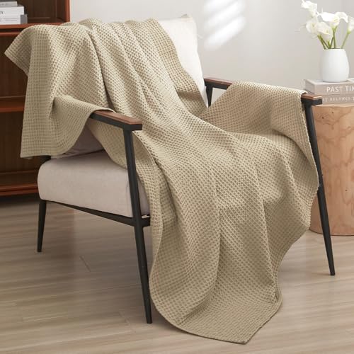 PHF 100% Cotton Waffle Throw Blanket Lightweight Breathable, Simply Taupe - color: Khaki/Simply Taupe, size: Throw(50" x 60")
