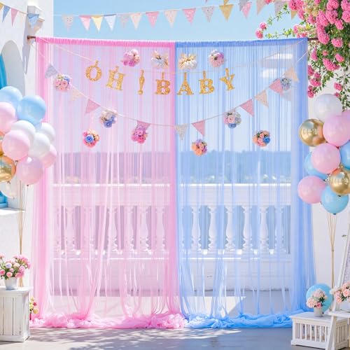 Pink and Blue Backdrop Curtain for Gender Reveal Girl and Boy Party Sheer Tulle Backdrop Drapes for Baby Shower Birthday Party Photoshoot Background Decorations 2 Panels 5ft X 8 ft - color: Pink and Blue, size: 10FT X 8FT(2 Panels W5ft X H8ft)
