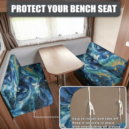 Butterfly Marble Blue Gold Print RV Dinette Cushion Covers 2 Pieces Scratch-Resistant Camper Seat Covers Dinette Booth Elastic RV Couch Cover Loveseat Sofa Chair Cover - color: Butterfly Marble Blue Gold