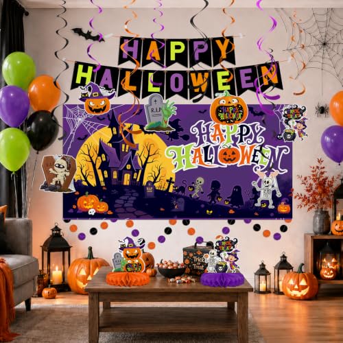 Halloween Decorations Kit, Happy Halloween Banner, Circle Confetti Dots, Hanging Swirl Streamers, Honeycomb Centerpiece and Balloons, Halloween Party Supplies - style: Halloween