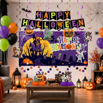 Halloween Decorations Kit, Happy Halloween Banner, Circle Confetti Dots, Hanging Swirl Streamers, Honeycomb Centerpiece and Balloons, Halloween Party Supplies - style: Halloween