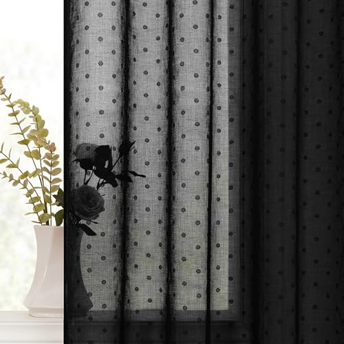 Black Sheer Curtains 108 Inches Long 2 Panels Polka Dots Pattern Grommet - color: Black, size: 52"W x 108"L (Pack of 2)