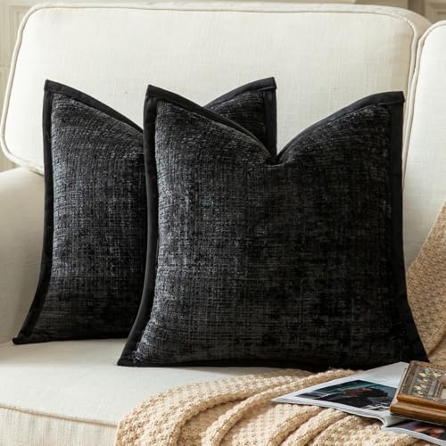 Yaertun Pack of 2 Chenille Textured Decorative Throw Pillow Covers Accent Solid Cushion Cover Soft Cozy Pillow Case with Velvet Back for Couch Sofa Bed Living Room 22x22 Inch Black - color: Black, size: 22" x 22" (Pack of 2)