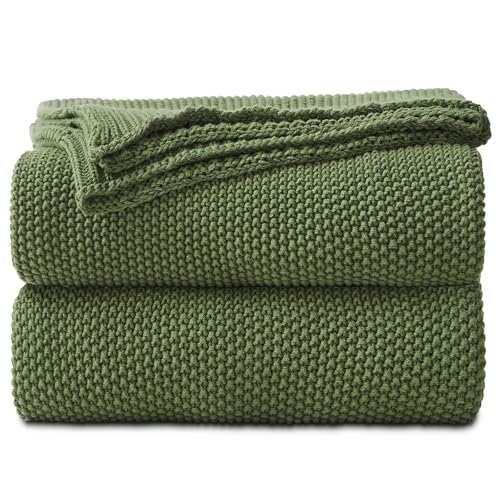 Longhui bedding Olive Green Cotton Cable Knit Throw Blanket for Couch Sofa Bed, Home Decorative Lightweight Knitted Blankets with Bonus Laundering Bag, 60“ x 80”, Machine Washable - color: Olive Green, size: 60"x80"