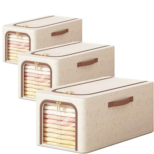 RZJZGZ 3 Pack 49L Clothes Storage Bins with Metal Frame, Foldable Linen Storage Boxes with Lids, Linen Fabric Storage Box with Lid Clear Window（Beige） (Three sizes) - color: Three sizes