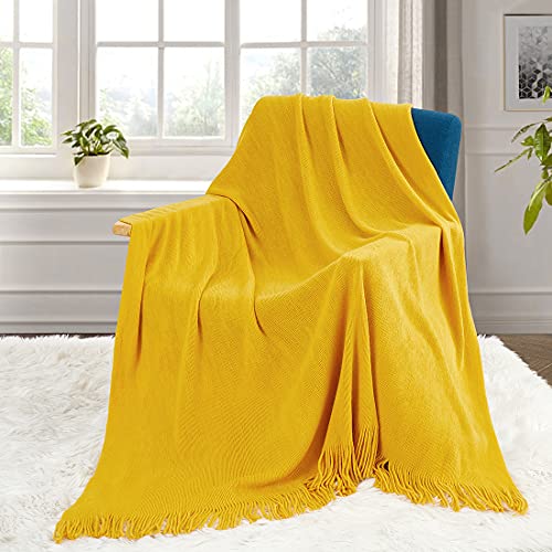 Homiest Mustard Yellow Knitted Throw Blanket with Fringe, 50x60 Inch - color: Mustard Yellow, size: 50" x 60"