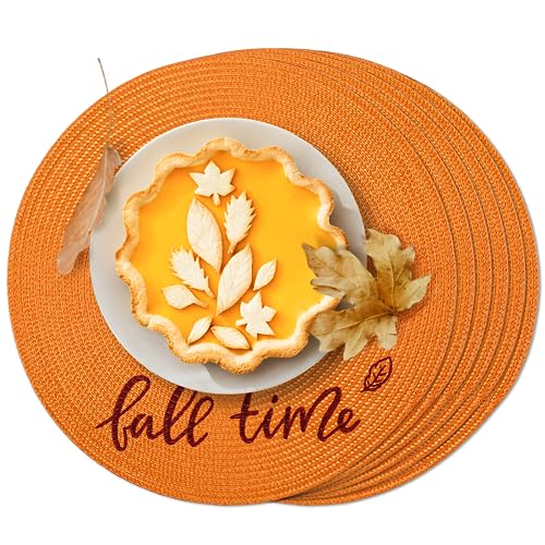FunWheat Round Placemats Set of 6 Table Mats for Thanksgiving Tables Washable Non-Slip Place mats 15 Inch for Fall(Orange Fall,6pcs) - color: Fall Time, size: Set of 6