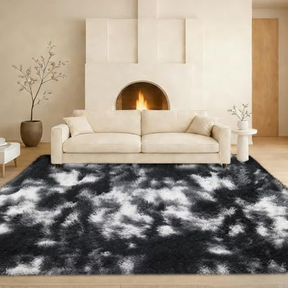Black White Fluffy Shag Area Rug, Non-Slip Soft Carpet for Home - color: Black White Grey, size: 5' x 7' (Rectangular)