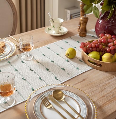 Caflife Boho Table Runner 60 Inchs Long for Modern Farmhouse Room Home Decor, Green and Beige Coffee Table Runner, Natural Cotton Woven with Tassels Neutral, for Kitchen Dining Table Decor - color: Green Beige, size: 13x60Inch