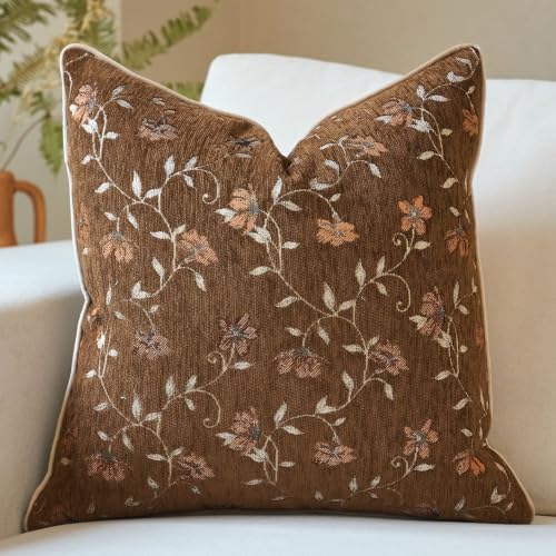 Brown Fall Floral Throw Pillow Cover 18x18 Inch Vintage Flower Pillow Cover Farmhouse Cushion Cover Neutral Outdoor Chenille Pillowcase Home Decor for Couch Sofa Bedroom Living Room - color: Brown, size: 18" x 18" (Pack of 1)