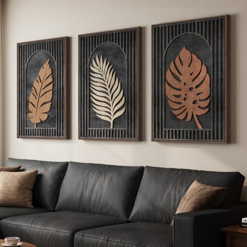 Framed 3D Wood Tropical Botanical Textured Wall Decor Living Room, 24x36 In - color: Black Brown