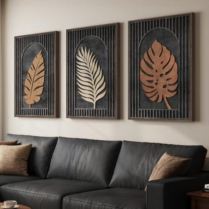 Framed 3D Wood Tropical Botanical Textured Wall Decor Living Room, 24x36 In - color: Black Brown