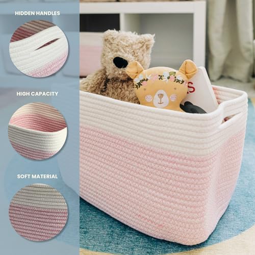 OrganiHaus Cotton Rope Baskets for Shelves, Set of 3, 15x9x10 - color: Pink / Off-White