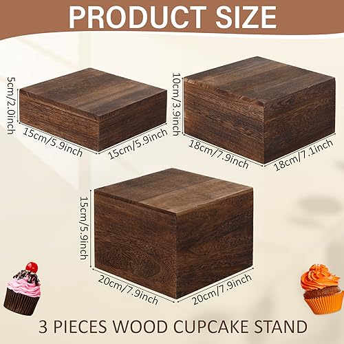 Barydat 3 Pcs Rustic Wood Risers for Display, Square Nesting Cupcake Stands
