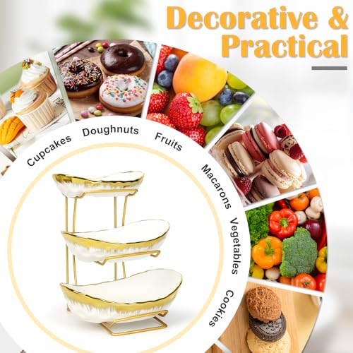 3 Tier Fruit Bowl for Kitchen Counter, Gold Trim Ceramic Fruit Stand Basket for Countertop, Fruit Rack with Thickened Metal Holder, Vegetable Bowl Dessert Nuts Bread Candy Storage (Gold Trim) - color: Gold Trim