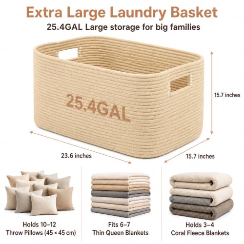 25.4GAL Collapsible Cotton Rope Extra Large Storage Basket For Bedroom Closet, Boho Rectangular Short Hamper Woven Storage Baskets for Living Room Throw Pillows Blankets Dirty Clothes, Oatmeal - color: Oatmeal, size: 25.4GAL