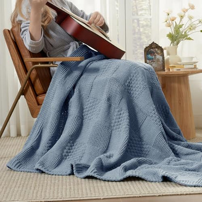 Amélie Home Checkered Knit Throw Blanket for Couch, Washed Blue, 50"x60" - color: Checkered Washed Blue, size: Checkered Knit 50"x60"