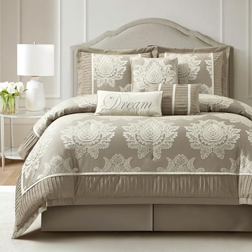 LANCO MODERN LIFESTYLE Beige Queen Comforter Set 7 Pieces, Jacquard Woven with Damask, Bedding Set in a Bag Includes Comforter, Bed Skirt, Pillow Shams, and Decorative Pillows - color: Beige, size: Queen