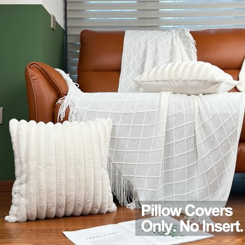 COTEY 18x18 Decorative Faux Fur Throw Pillow Covers Set of 2- Cream White - color: Cream White, size: 18" x 18" (Pack of 2)