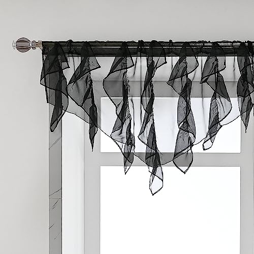 PearAge Ruffled Voile Semi Sheer Curtain Valance, Kitchen Living Room Shabby Chic Ruffle Valance Curtains, Girls Daughters Bedroom Cascade Window Valance 52x26 Inches (Black-Triangle) - color: Black