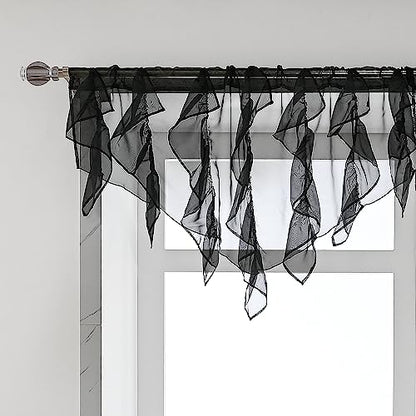 PearAge Ruffled Voile Semi Sheer Curtain Valance, Kitchen Living Room Shabby Chic Ruffle Valance Curtains, Girls Daughters Bedroom Cascade Window Valance 52x26 Inches (Black-Triangle) - color: Black
