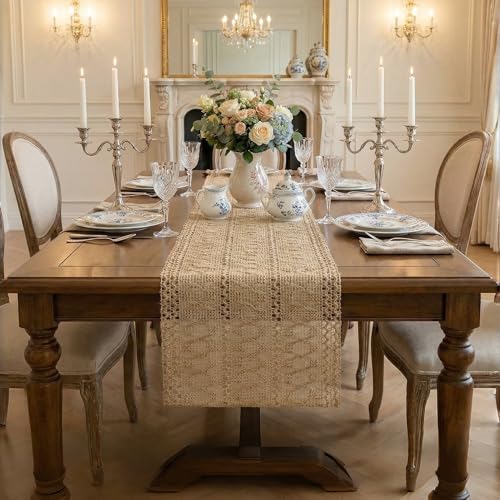 Burlap Boho Table Runner Macrame Brown 108in Farmhouse Woven Runner - color: Brown, size: 12'' x 108''