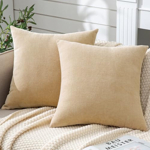 GAWAMAY Decorative Throw Pillow Covers 16x16 Inch Set of 2, Super Soft Chenille Square Pillows Farmhouse Fall Pillowcase for Living Room Bedroom Sofa Couch Cushion Cover Beige 40x40cm (No Insert) - color: Beige, size: 16" x 16" (Pack of 2)
