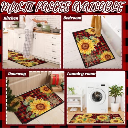 Fourluoo 3 Pcs Sunflower Kitchen Rugs and Mats Set Red Black Buffalo Plaid - color: Red Black Buffalo Plaid