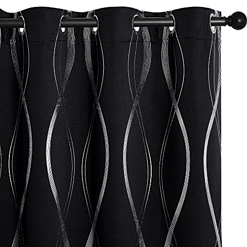 NICETOWN Black Out Curtains 54 inches Long for Small Window, 2 Panels, 42 inches Wide, Foil Printed Wave Lines Thermal Insulated Blackout Drapes for Bedroom Kitchen Loft Cafe - color: 1 - Black, size: 42"W x 54"L (Pack of 2)